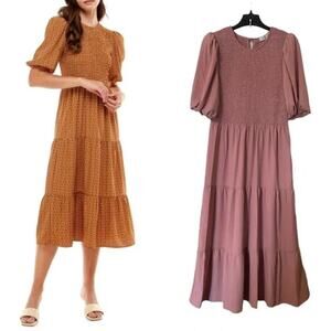 NWT WAYF Camden Smocked Puff Sleeve Tiered Maxi Dress